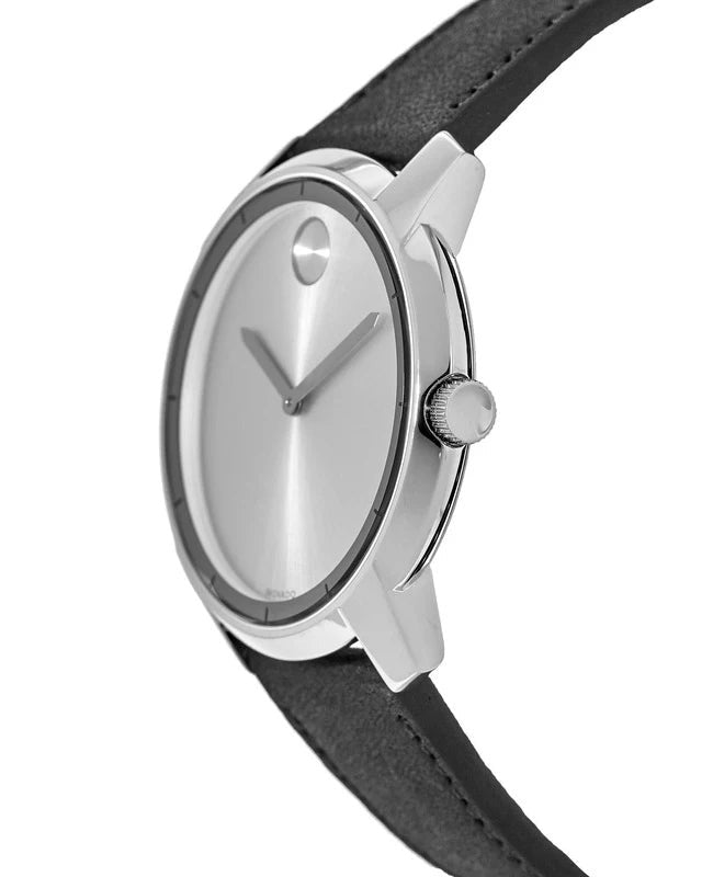 Movado Bold Silver Dial Black Leather Strap Watch For Men - 3600468