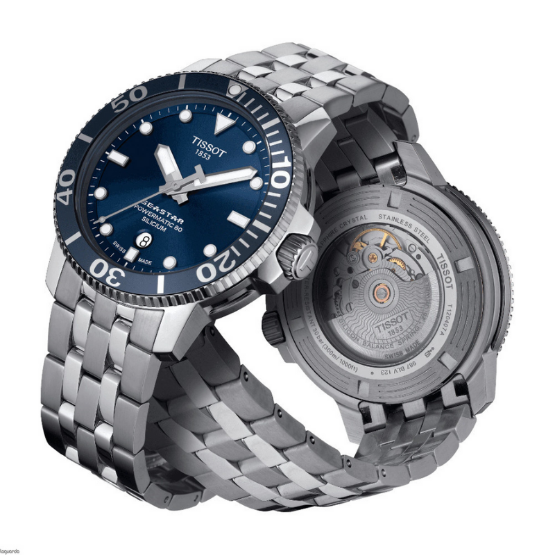 Tissot T Sport Seastar 1000 Powermatic Silicium Blue Dial Silver Steel Strap Watch For Men - T120.407.11.041.01