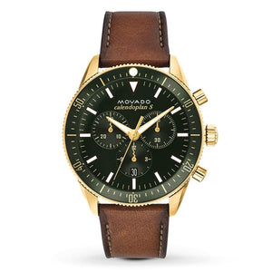Movado Heritage Chronograph Green Dial Brown Leather Strap Watch For Men - 3650062