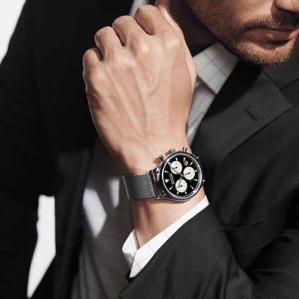 Movado Heritage Calendoplan Chronograph Black Dial Silver Mesh Strap Watch for Men - 3650097