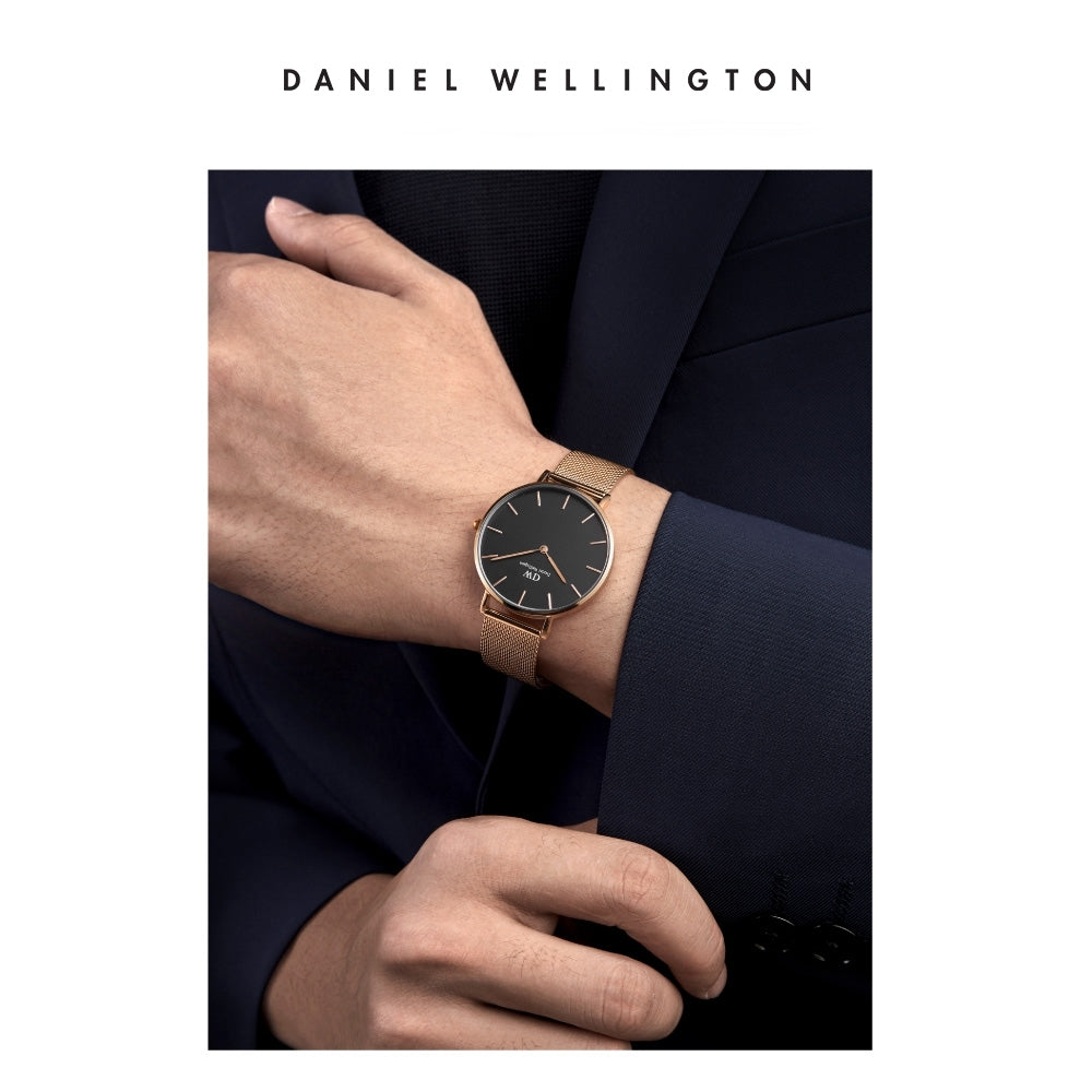 Daniel Wellington Petite Melrose Black Dial Rose Gold Mesh Strap Watch For Women - DW00100303