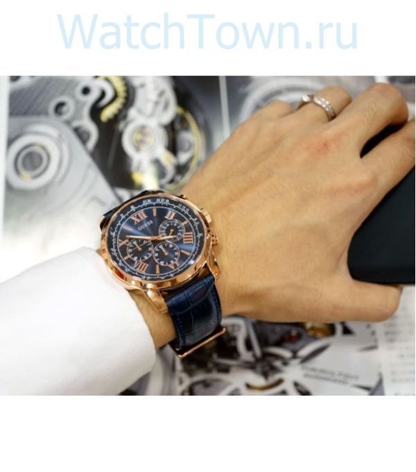 Guess Horizon Chronograph Blue Dial Blue Leather Strap Watch For Men - W0380G5