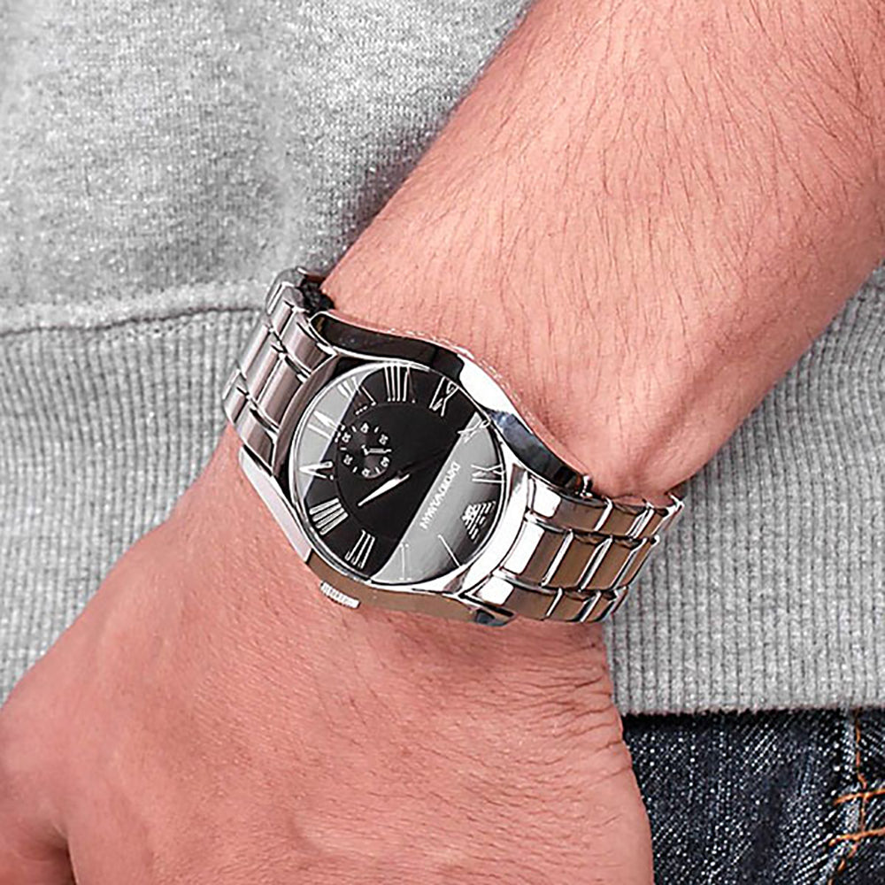 Emporio Armani Valente Black Dial Silver Steel Strap Watch For Men - AR0680