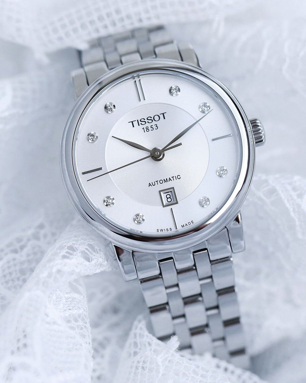 Tissot Carson Premium Automatic Lady Diamonds Silver Dial Silver Steel Strap Watch for Women - T122.207.11.036.00