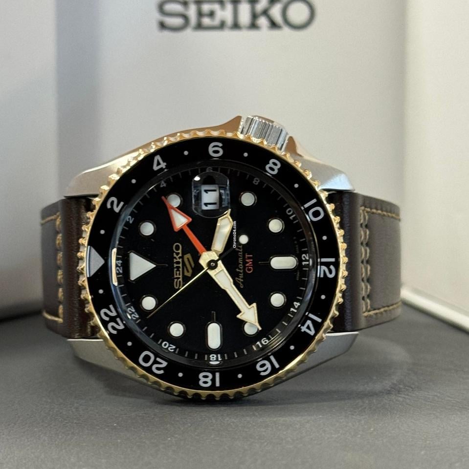 Seiko 5 Sports SKX GMT Automatic Mocha Black Dial Brown Leather Strap Watch For Men - SSK036K1