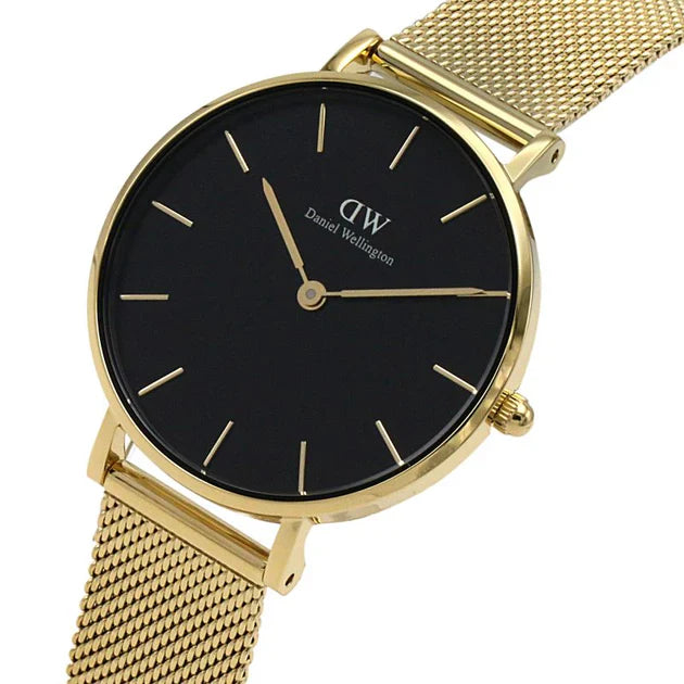 Daniel Wellington Classic Petite Black Dial Gold Mesh Bracelet Watch For Women - DW00100347
