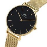 Daniel Wellington Classic Petite Black Dial Gold Mesh Bracelet Watch For Women - DW00100347