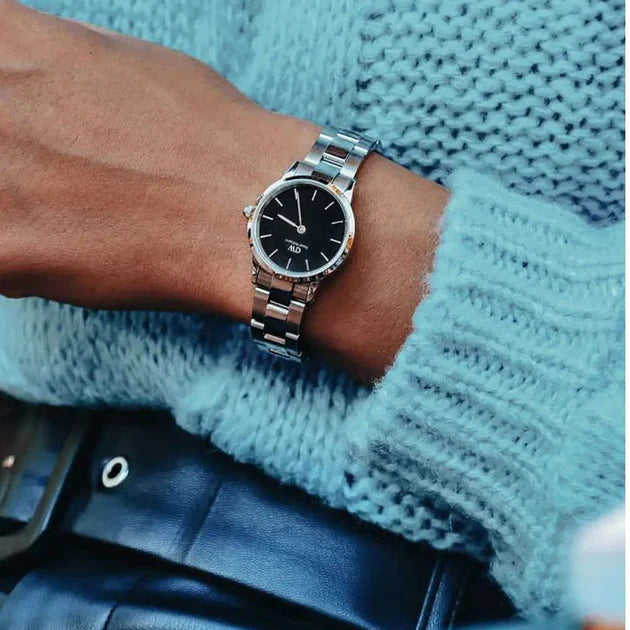 Daniel Wellington Iconic Link Black Dial Silver Steel Strap Watch For Women - DW00100206