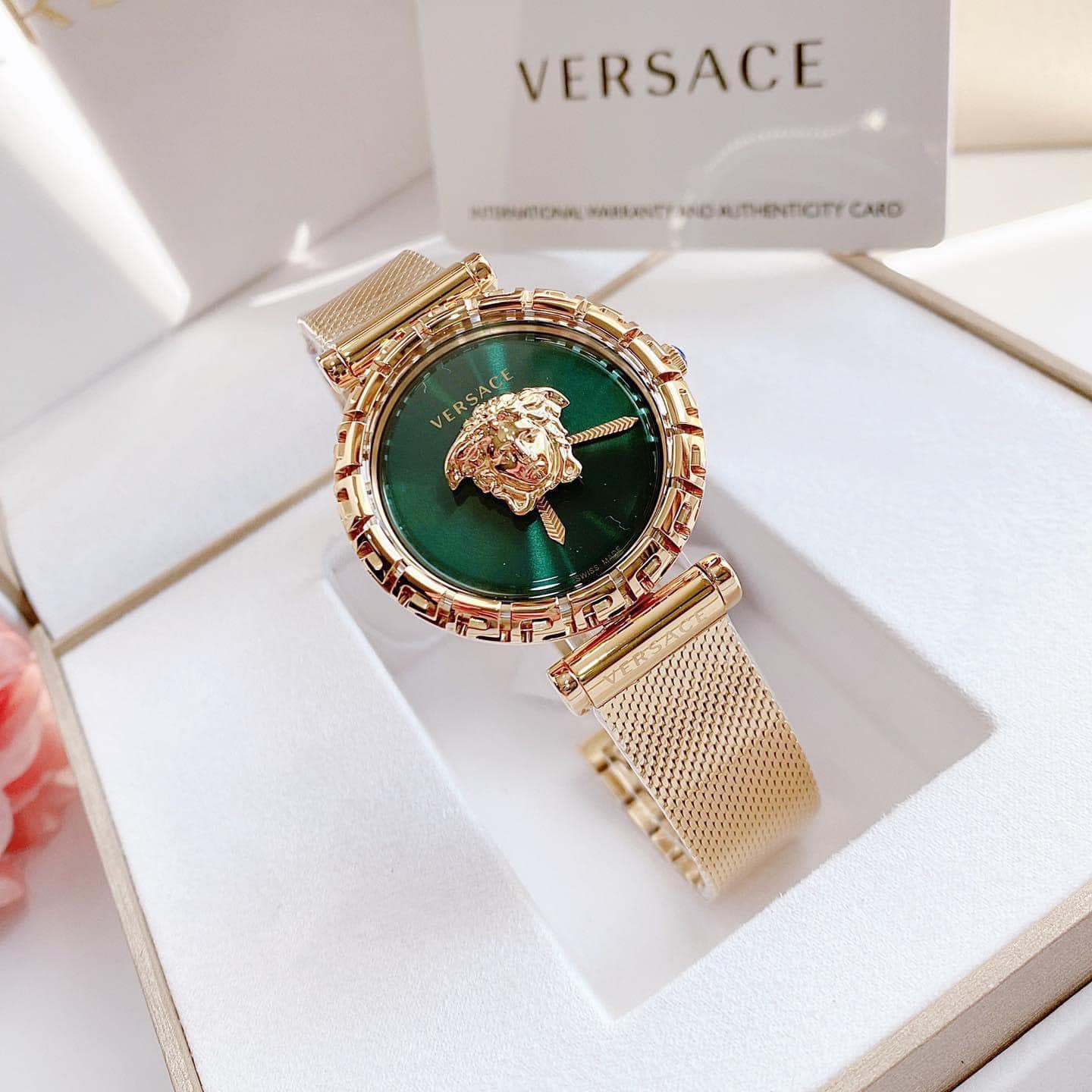 Versace Palazzo Empire Greca Green Dial Gold Mesh Bracelet Watch for Women - VEDV00819