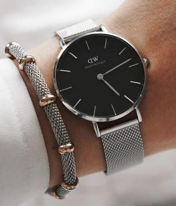 Daniel Wellington Classic Petite Sterling Black Dial Silver Mesh Bracelet Watch For Women - DW00100162