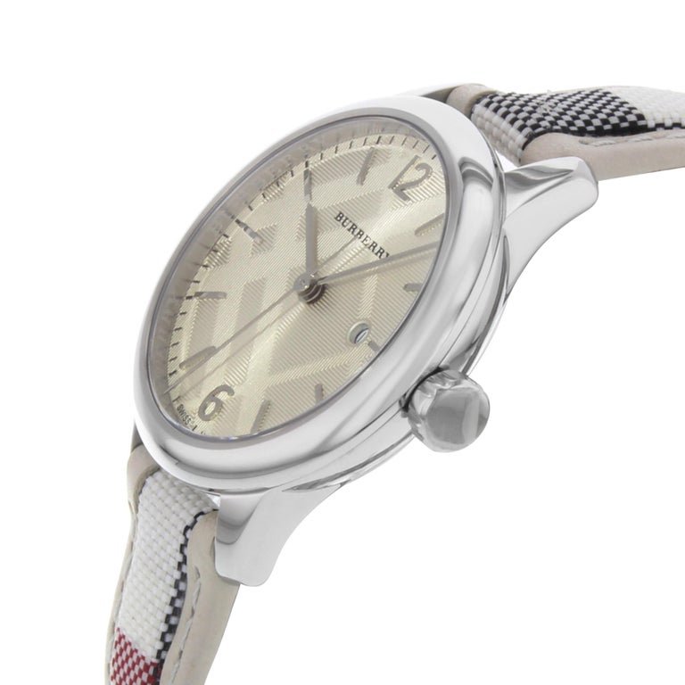 Burberry The Classic Guilloche Silver Dial Grey Leather Strap Watch for Women - BU10113