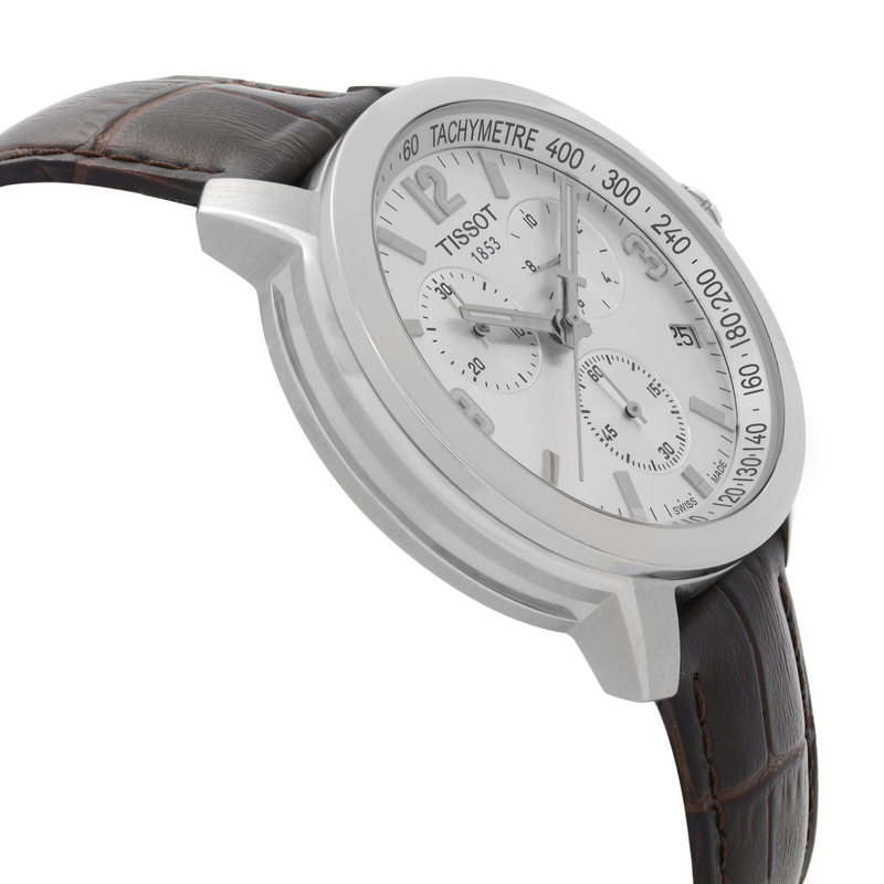 Tissot PRC 200 Chronograph Silver Dial Brown Leather Strap Watch For Men - T055.417.16.037.00