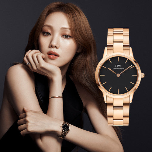 Daniel Wellington Iconic Link Black Dial Rose Gold Steel Strap Watch for Women - DW00100212