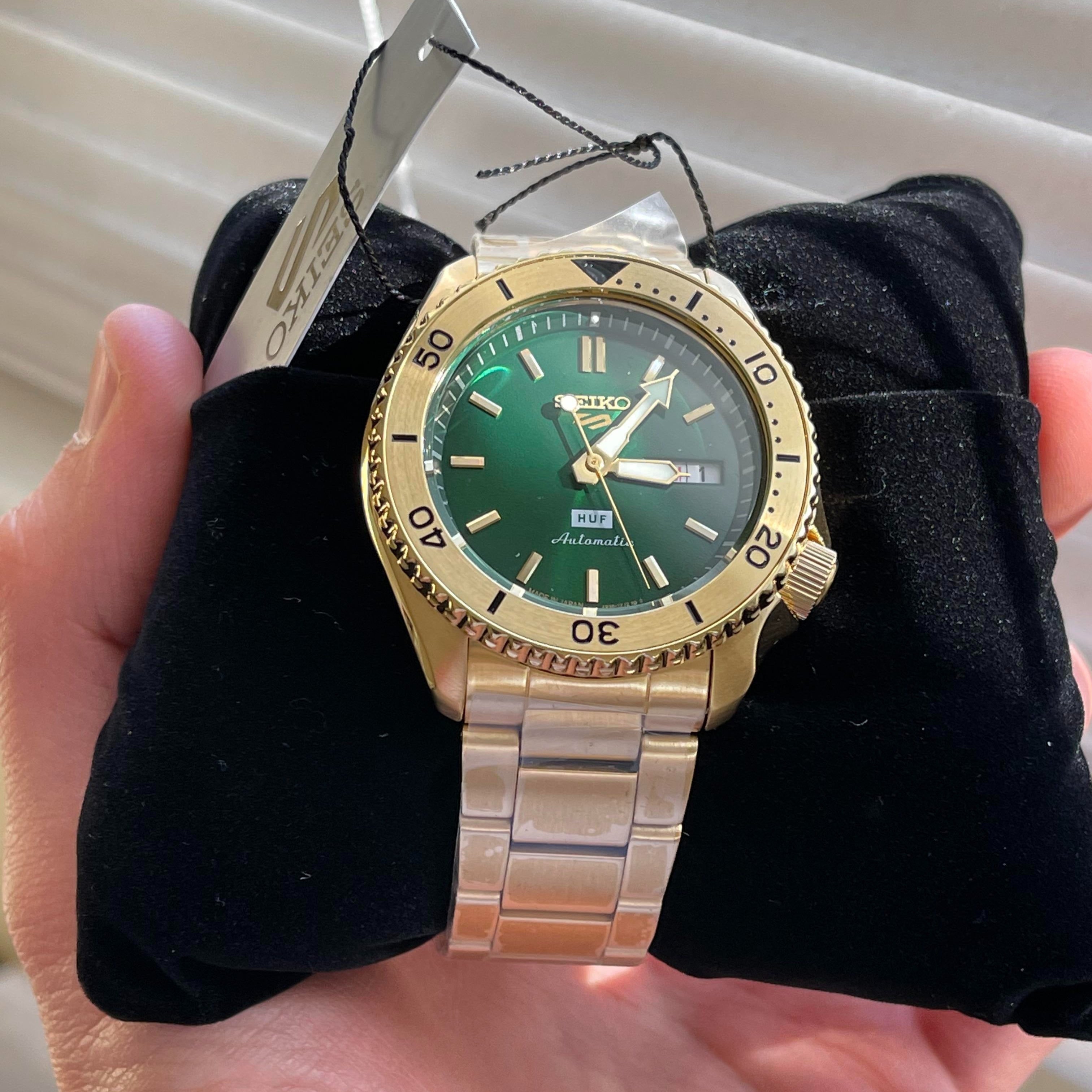 Seiko 5 Sports HUF Limited Edition Green Dial Gold Steel Strap Watch For Men - SRPJ20