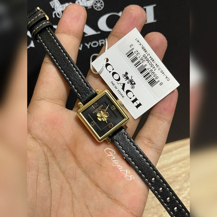 Coach Black Square Dial Black Leather Strap Watch for Women - 14503695