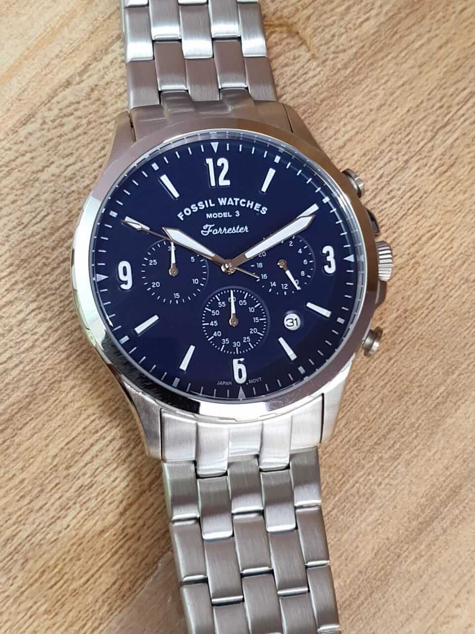 Fossil Forrester Chronograph Blue Dial Silver Steel Strap Watch for Men - FS5605
