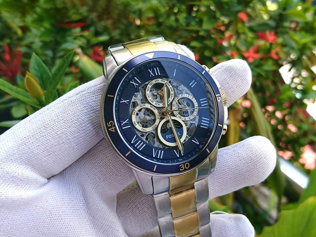 Fossil Grant Sport Automatic Skeleton Blue Dial Two Tone Steel Strap Watch for Men - ME3141