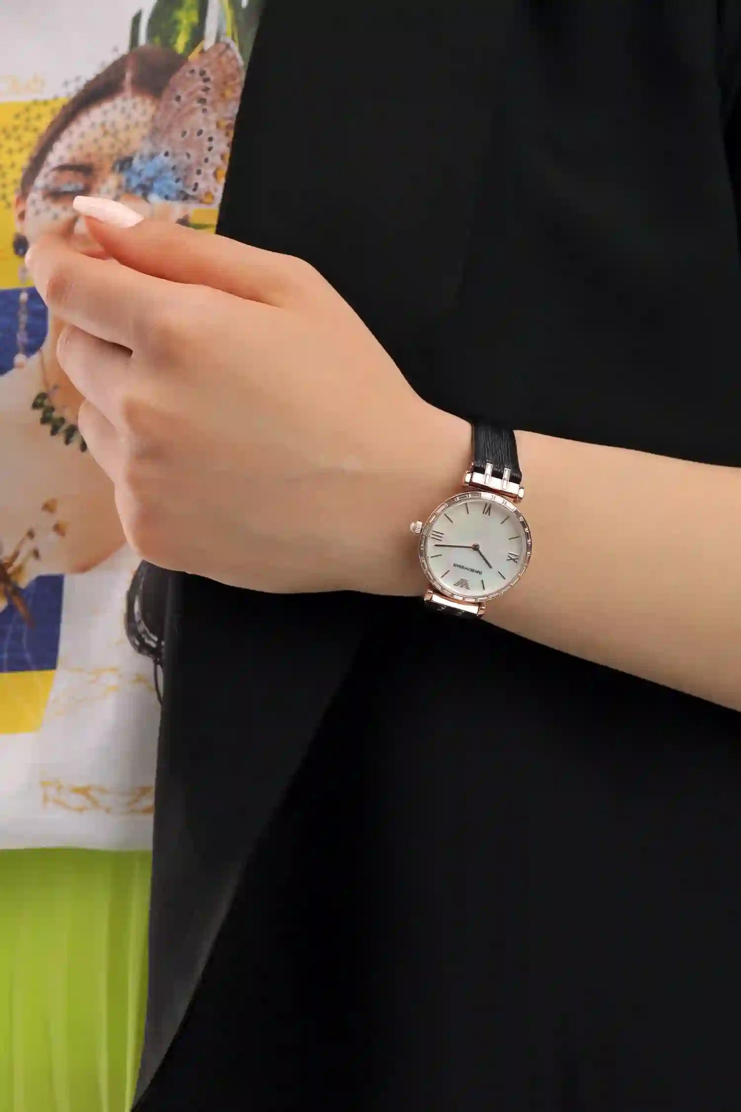 Emporio Armani Gianni T-Bar Mother of Pearl Dial Black Leather Strap Watch For Women - AR11295