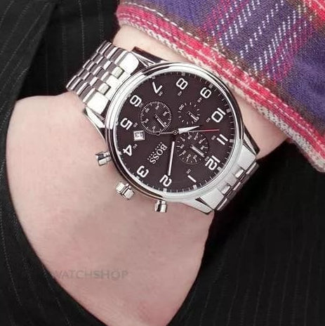 Hugo Boss Aeroliner Chronograph Black Dial Silver Steel Strap Watch For Men - 1512446