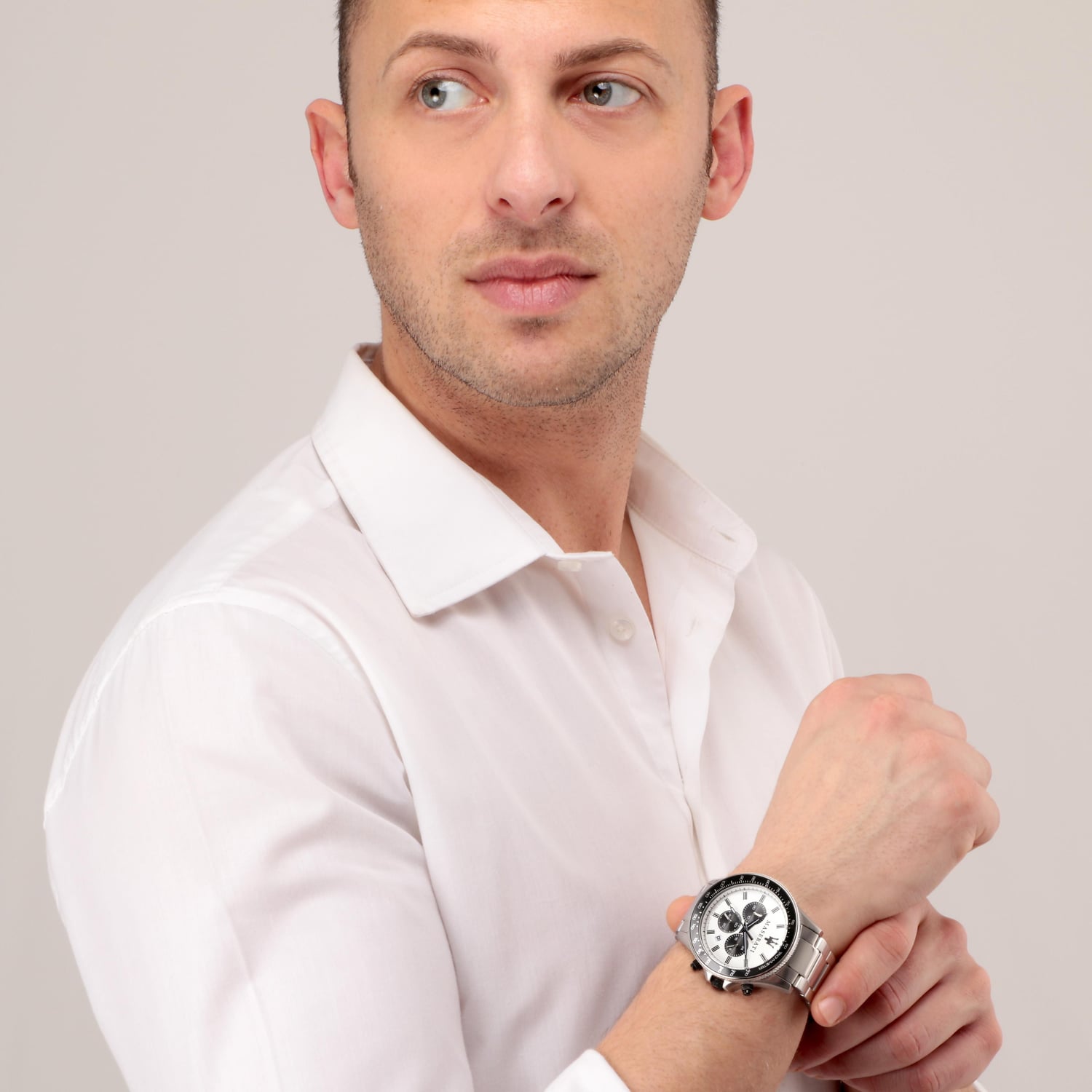 Maserati SFIDA Chronograph White Dial Silver Steel Strap Watch For Men - R8873640003