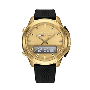 Tommy Hilfiger Jeans Digital Analog Gold Dial Black Rubber Strap Watch For Women  - 1791762