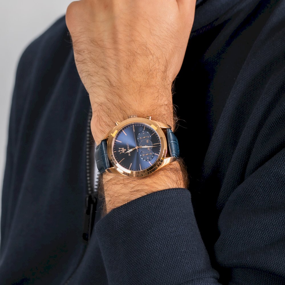 Maserati Traguardo Chronograph Blue Dial Blue Leather Strap Watch for Men - R8871612015
