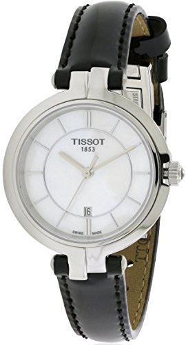 Tissot T Lady Flamingo Mother of Pearl White Dial Black Leather Strap Watch for Women - T094.210.16.111.00