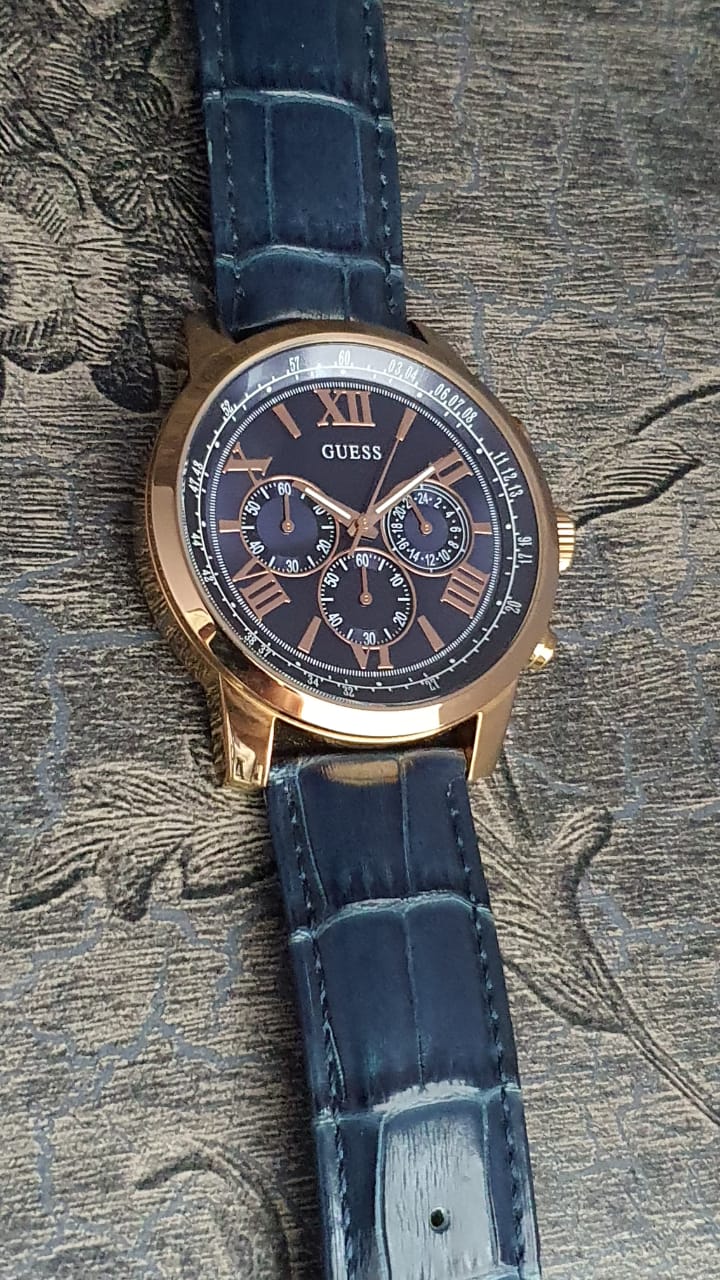 Guess Horizon Chronograph Blue Dial Blue Leather Strap Watch For Men - W0380G5