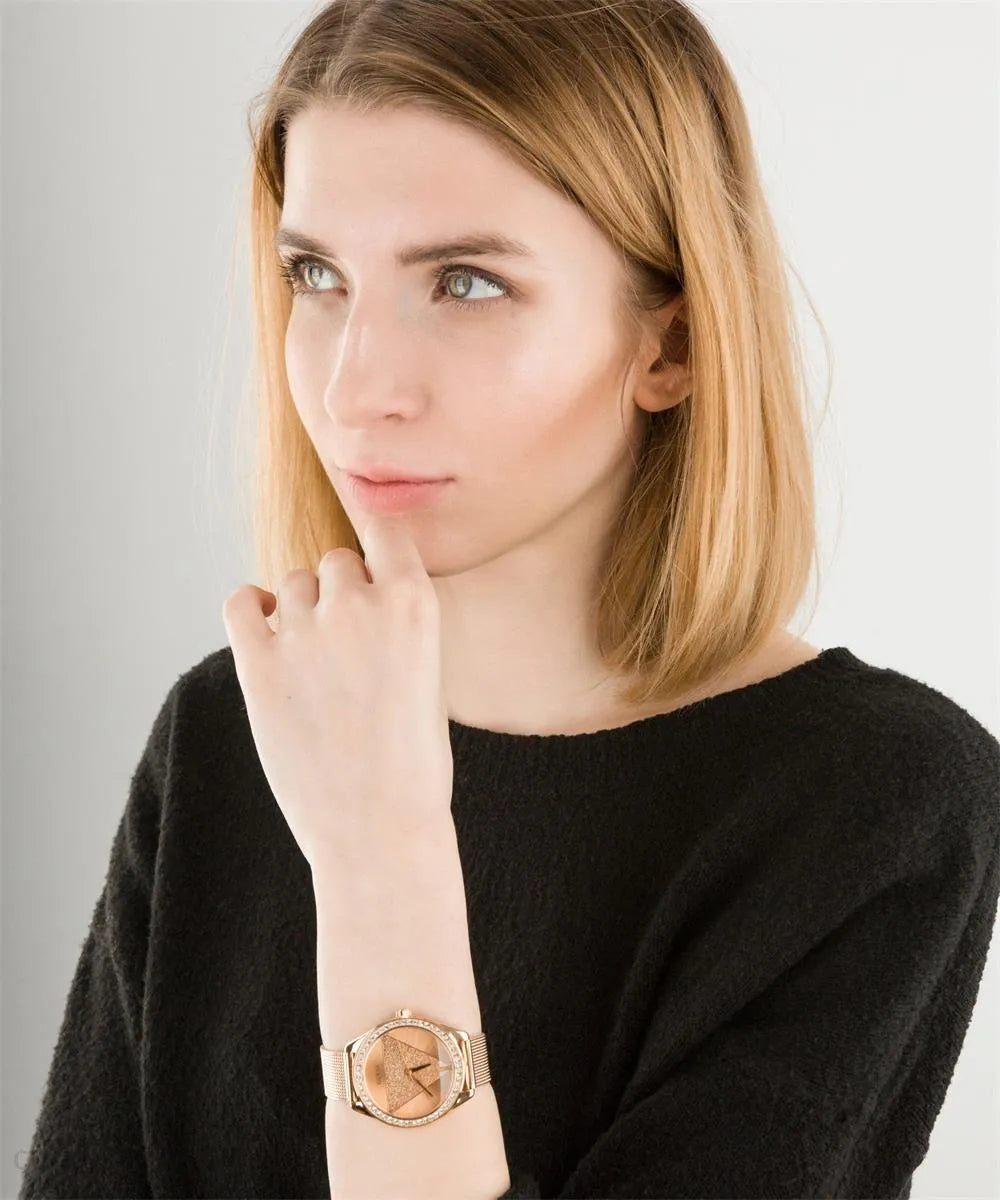 Guess Tri Glitz Quartz Diamonds Rose Gold Dial Rose Gold Mesh Bracelet Watch For Women - W1142L4