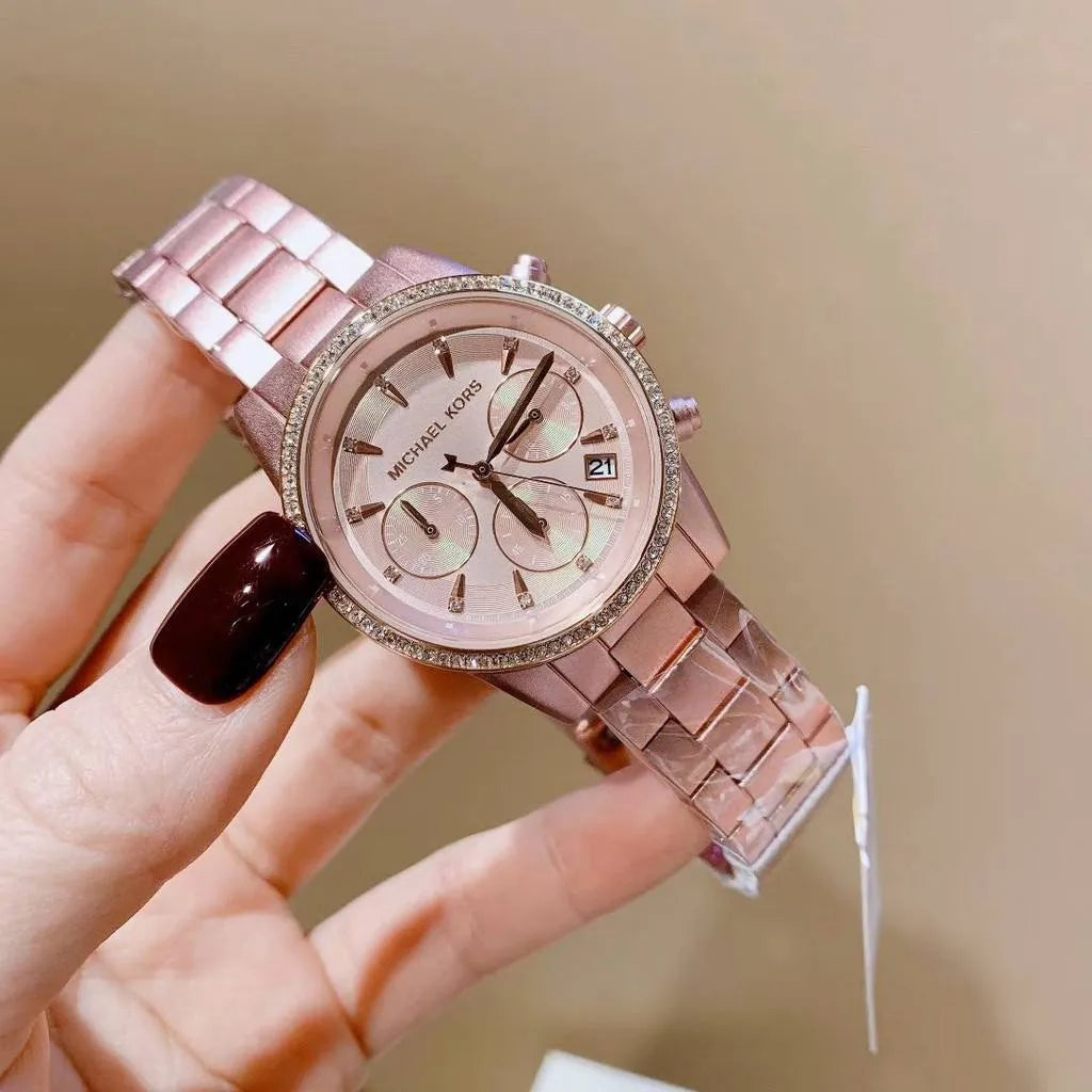 Michael Kors Ritz Chronograph Rose Gold Dial Rose Gold Steel Strap Watch For Women - MK6753
