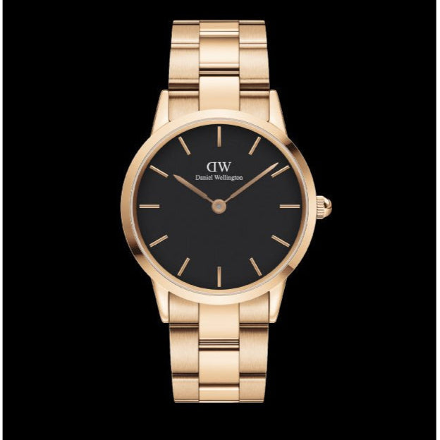 Daniel Wellington Iconic Link Black Dial Rose Gold Steel Strap Watch for Women - DW00100210