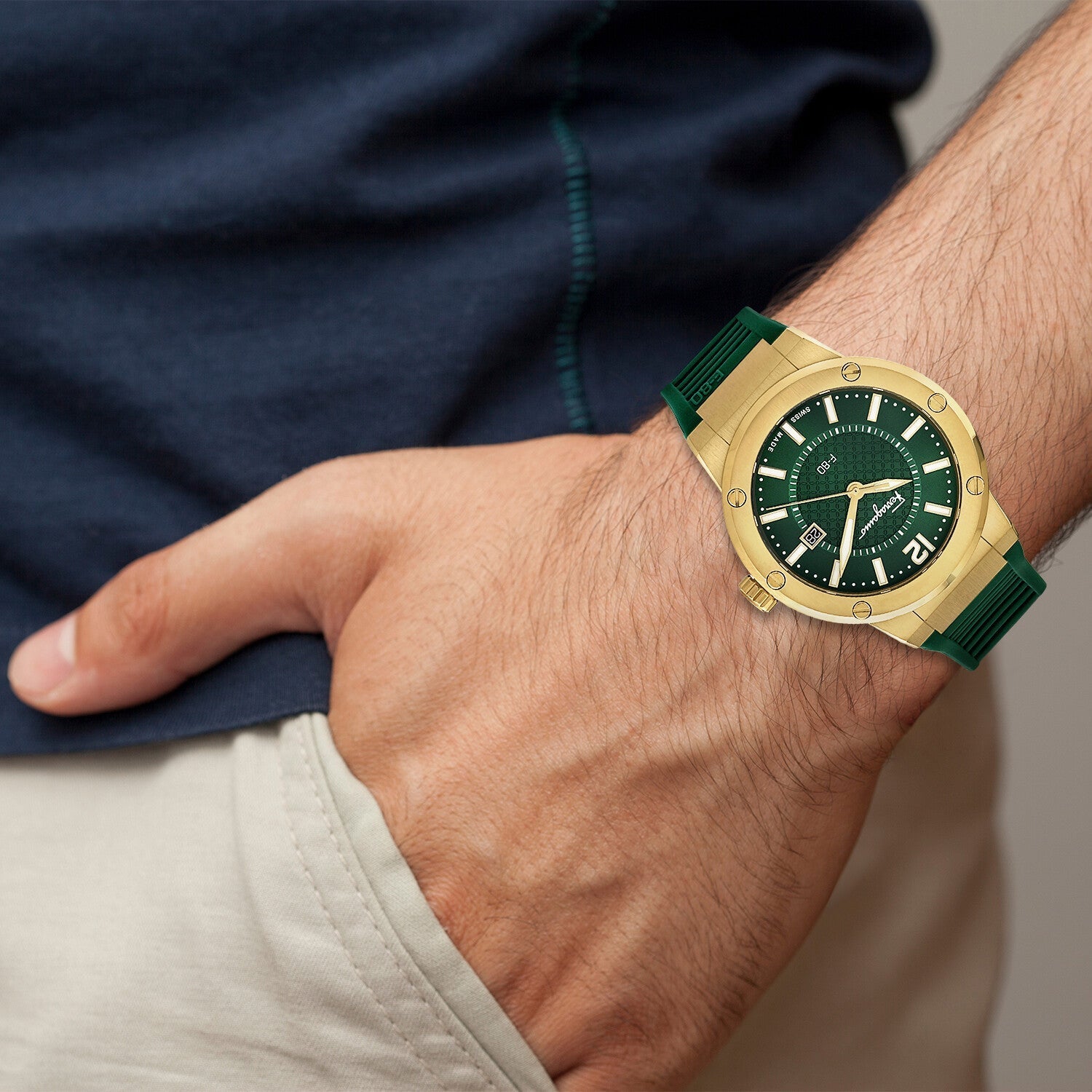 Salvatore Ferragamo F-80 Classic Green Dial Green Rubber Strap Watch for Men - SFHY02022