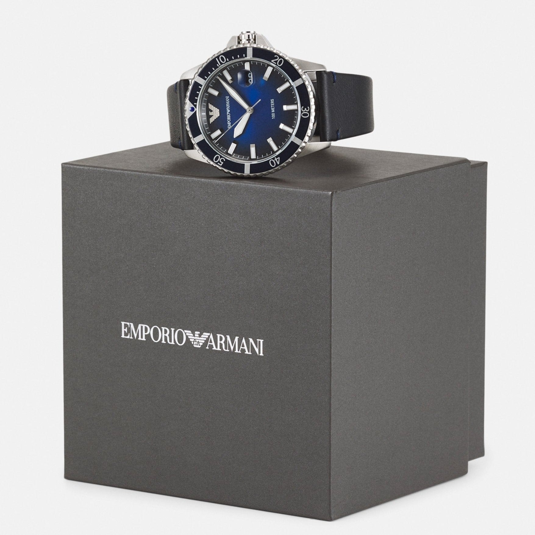 Emporio Armani Diver Three-Hand Quartz Blue Dial Blue Leather Strap Watch For Men - AR11516