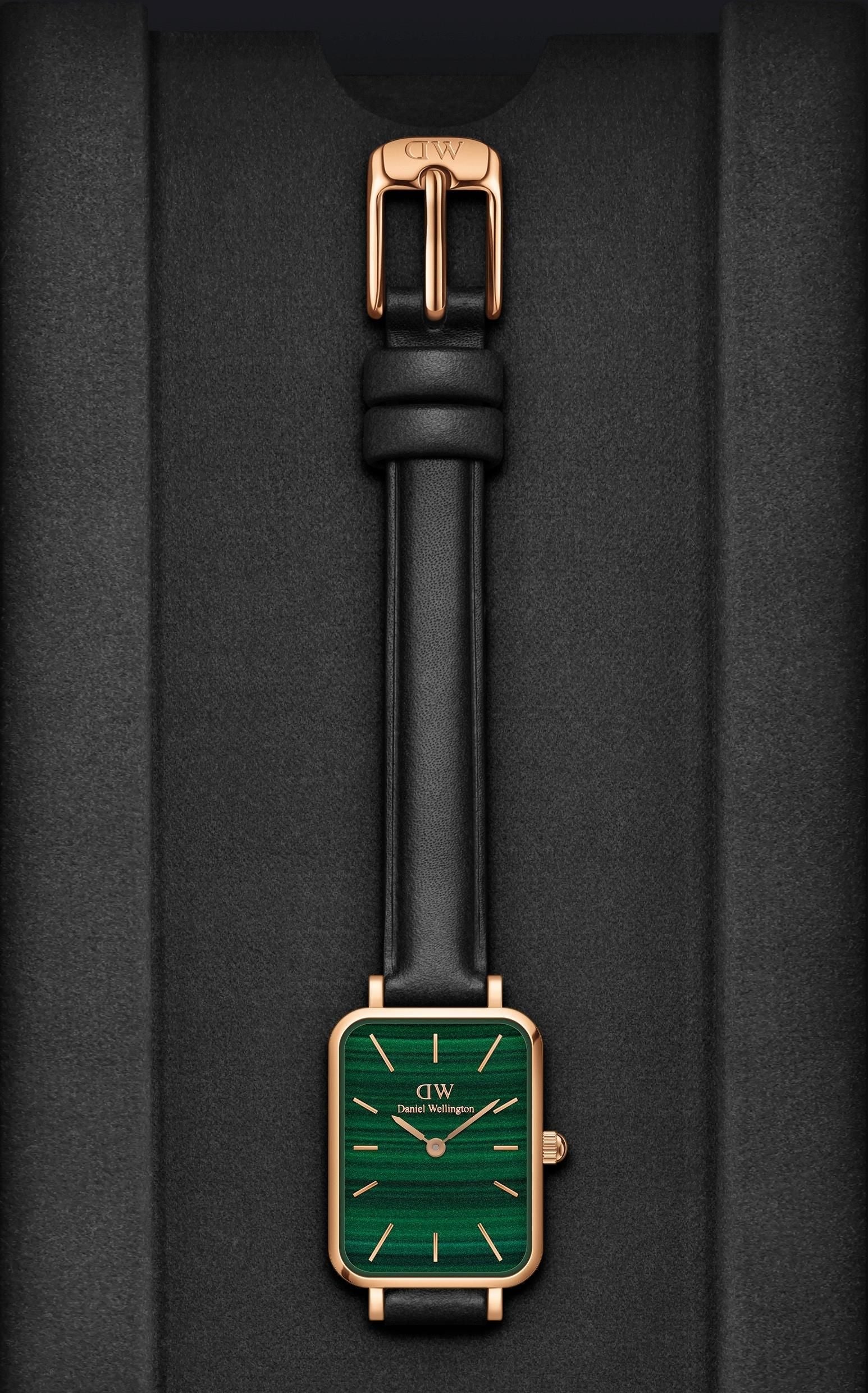 Daniel Wellington Quadro Pressed Sheffield Green Dial Black Leather Strap Watch For Women - DW00100439