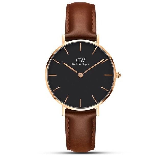 Daniel Wellington Classic Petite Bristol Black Dial Brown Leather Strap Watch For Women - DW00100165