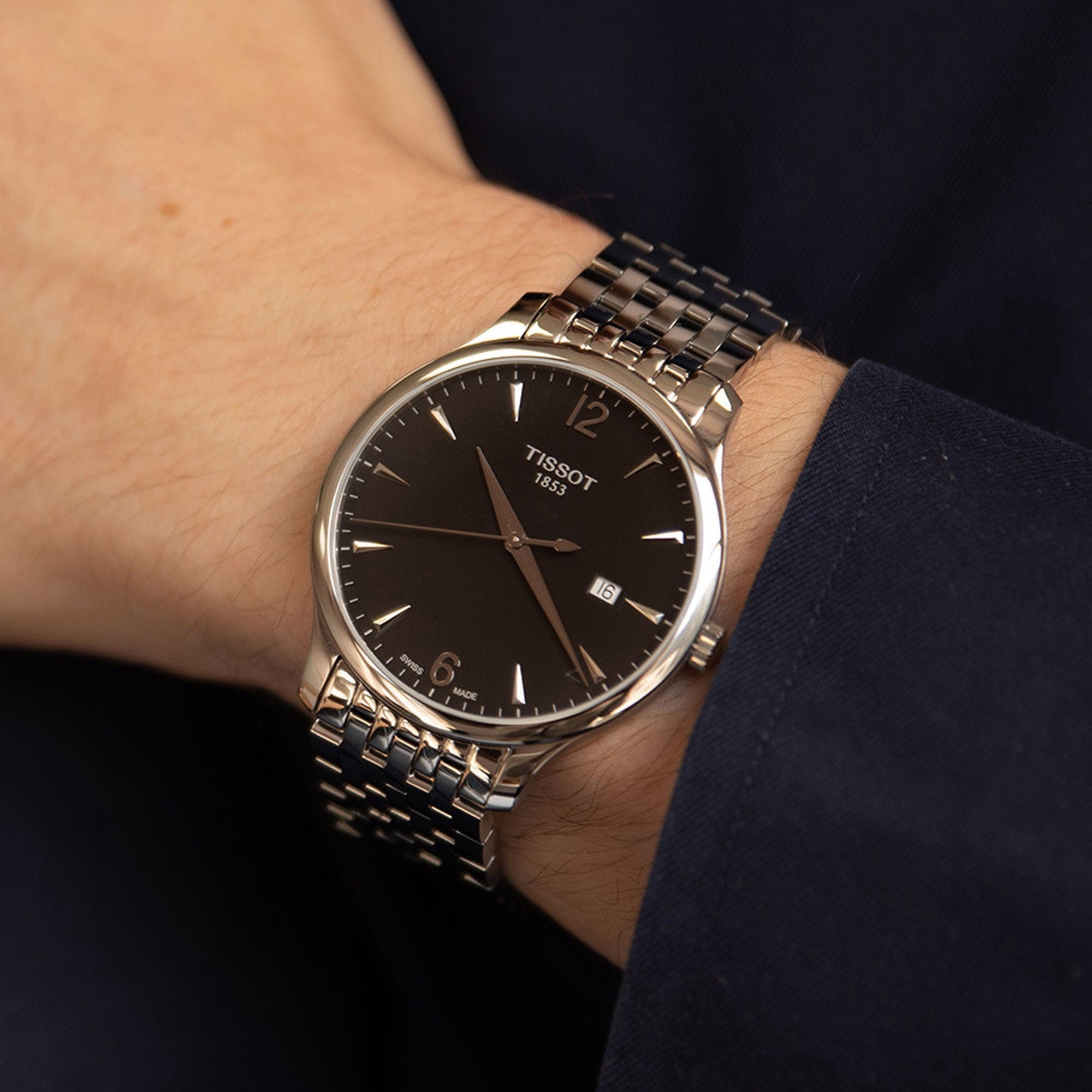 Tissot T Classic Tradition Black Dial Silver Steel Strap Watch For Men - T063.610.11.057.00