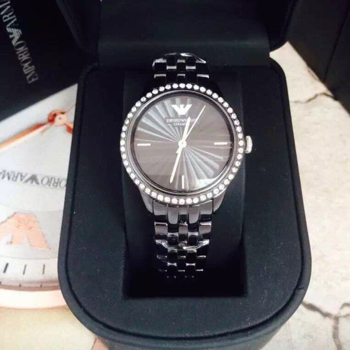 Emporio Armani Crystal Ceramica Black Dial Black Steel Strap Watch For Women - AR1478