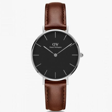 Daniel Wellington Classic Petite St Mawes Black Dial Brown Leather Strap Watch For Women - DW00100181