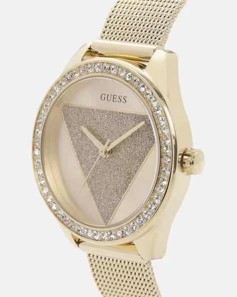 Guess Tri Glitz Quartz Diamonds Gold Dial Gold Mesh Bracelet Watch For Women - W1142L2