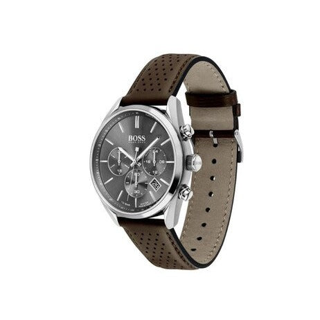 Hugo Boss Grand Prix Grey Dial Brown Leather Strap Watch for Men -  1513476