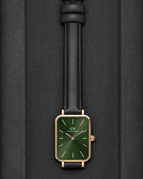 Daniel Wellington Quadro Pressed Melrose Emerald Green Dial Black Leather Strap Watch For Women - DW00100446