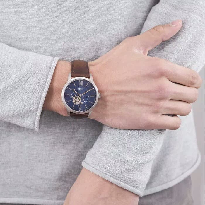 Fossil Townsman Automatic Blue Dial Brown Leather Strap Watch for Men - ME3110