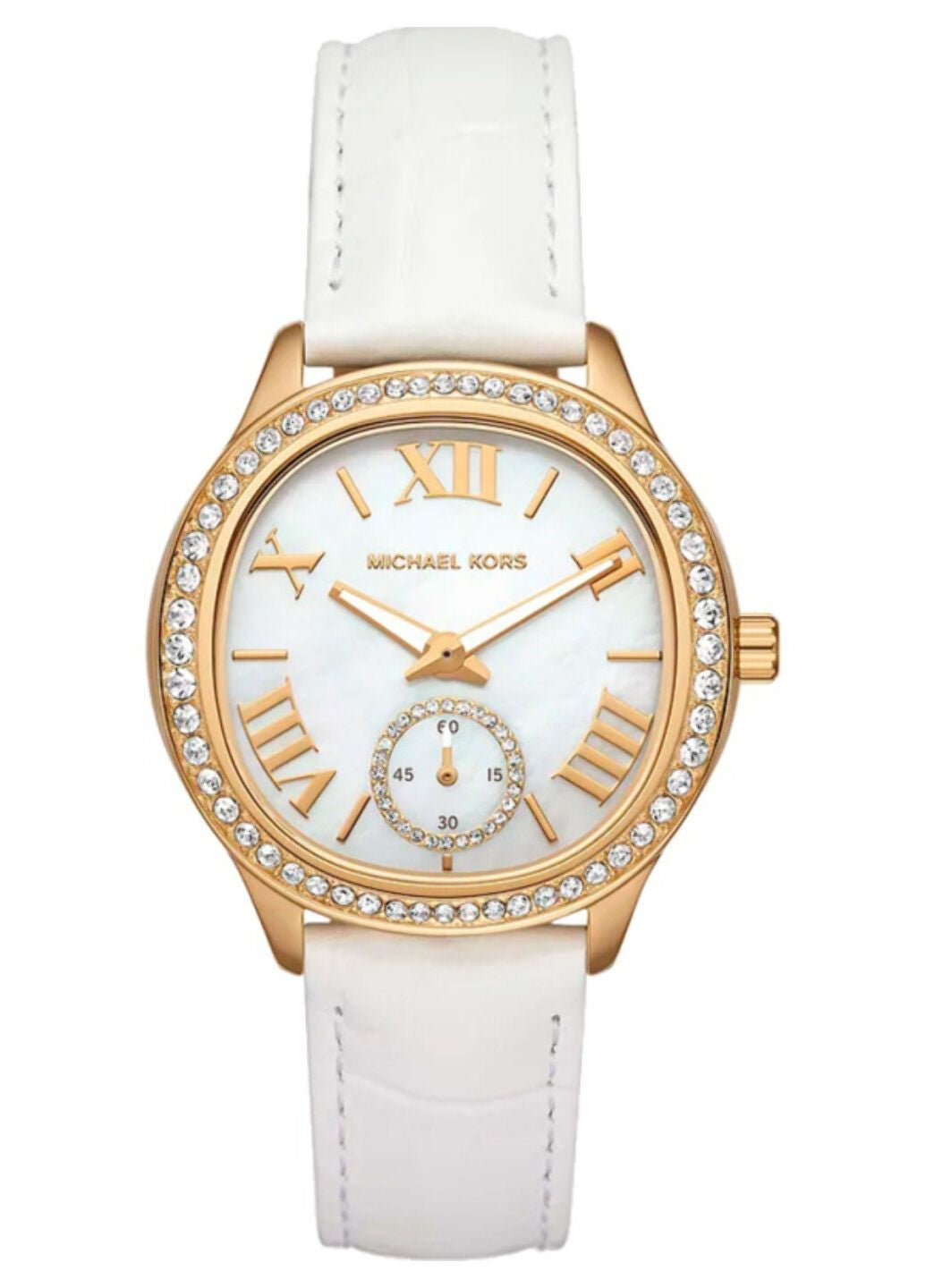 Michael Kors Sage Three-Hand Mother of Pearl White Dial White Leather Strap Watch for Women - MK4818