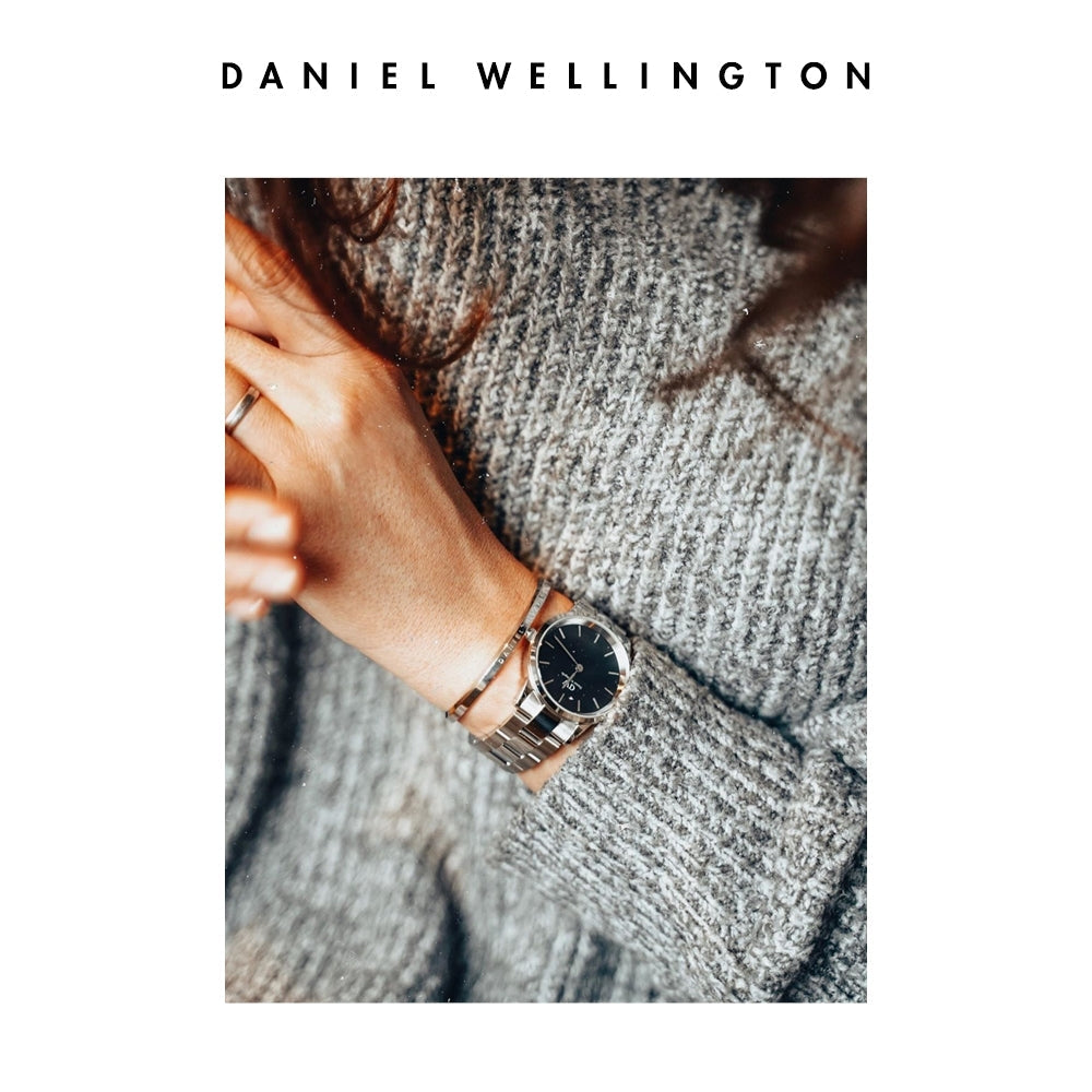 Daniel Wellington Iconic Link Black Dial Silver Steel Strap Watch for Women - DW00100204