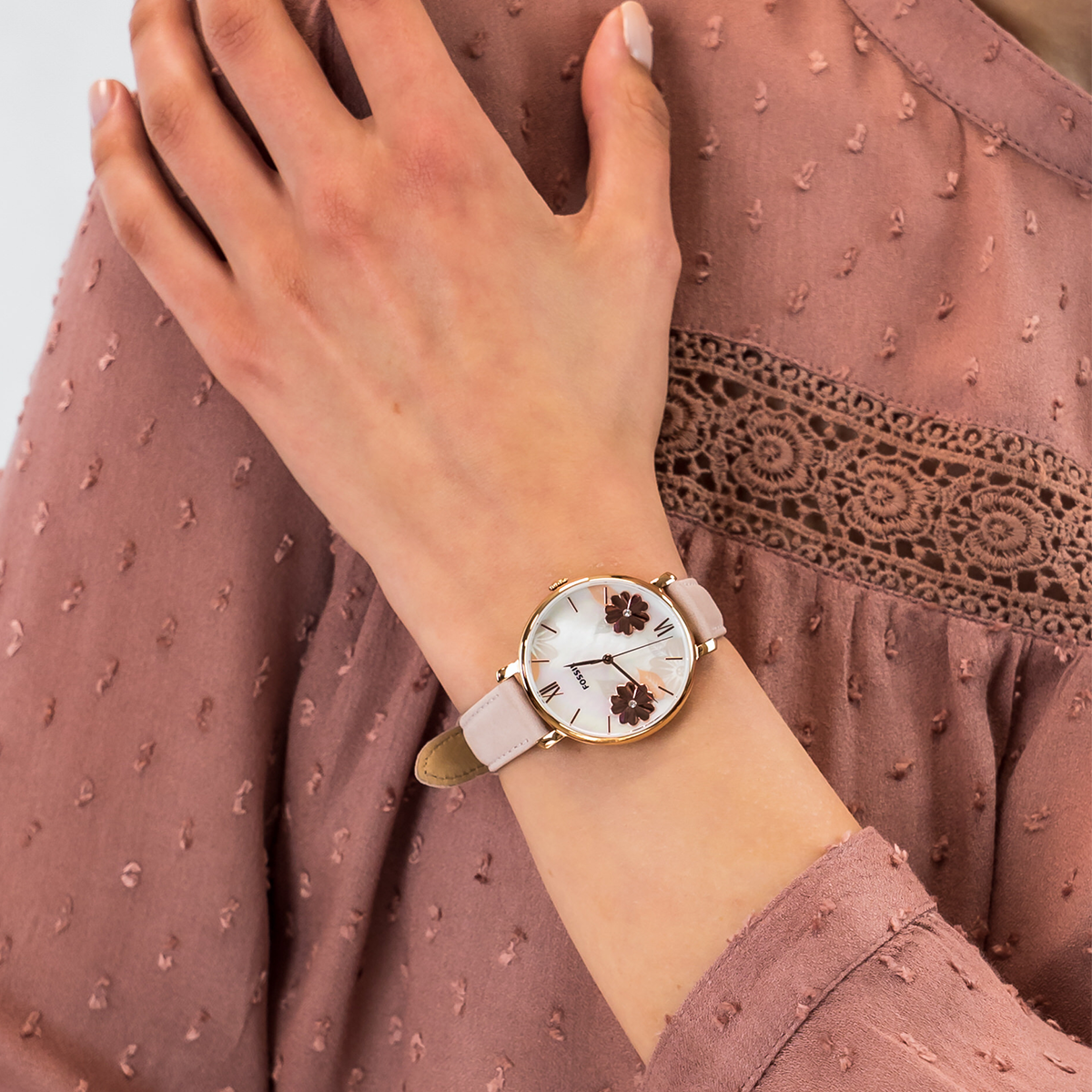 Fossil Jacqueline Three Hand Mother of Pearl Dial Pink Leather Strap Watch for Women - ES4671