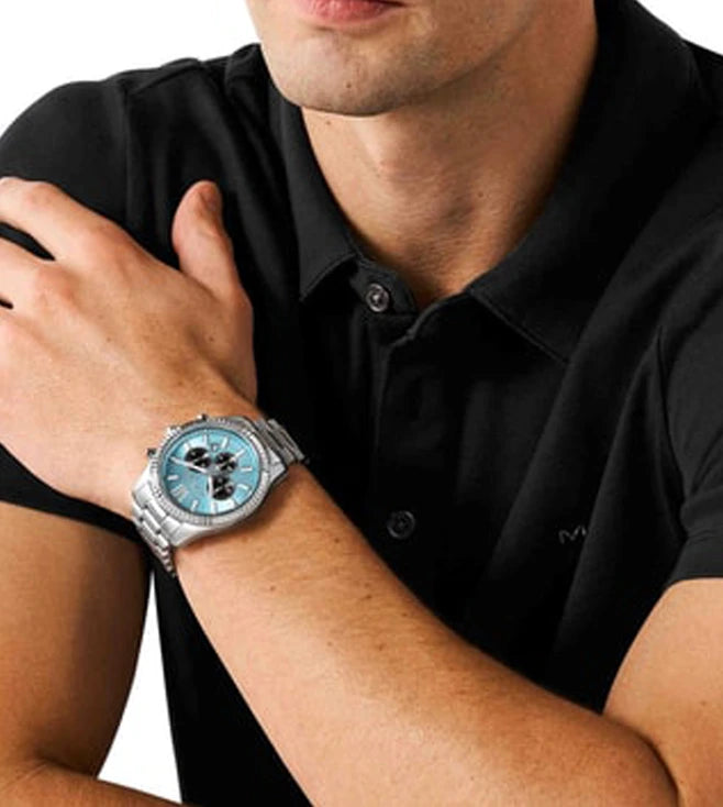 Michael Kors Lexington Chronograph Blue Dial Silver Steel Strap Watch for Men - MK9165