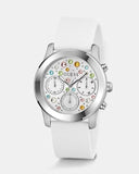 Guess Wanderlust Crystals Silver Dial White Rubber Strap Watch for Women - W1059L1