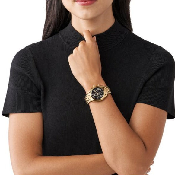 Michael Kors Bradshaw Chronograph Black Dial Gold Steel Strap Watch For Women - MK6959
