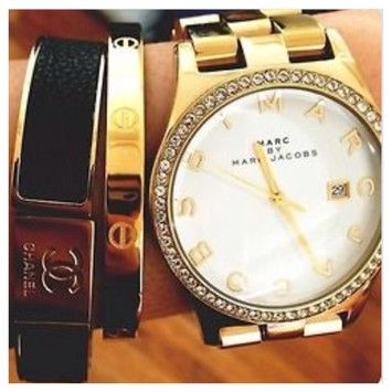 Marc Jacobs Henry Diamonds White Dial Gold Steel Strap Watch for Women - MBM3045