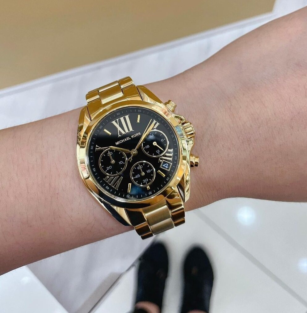 Michael Kors Bradshaw Chronograph Black Dial Gold Steel Strap Watch For Women - MK6959